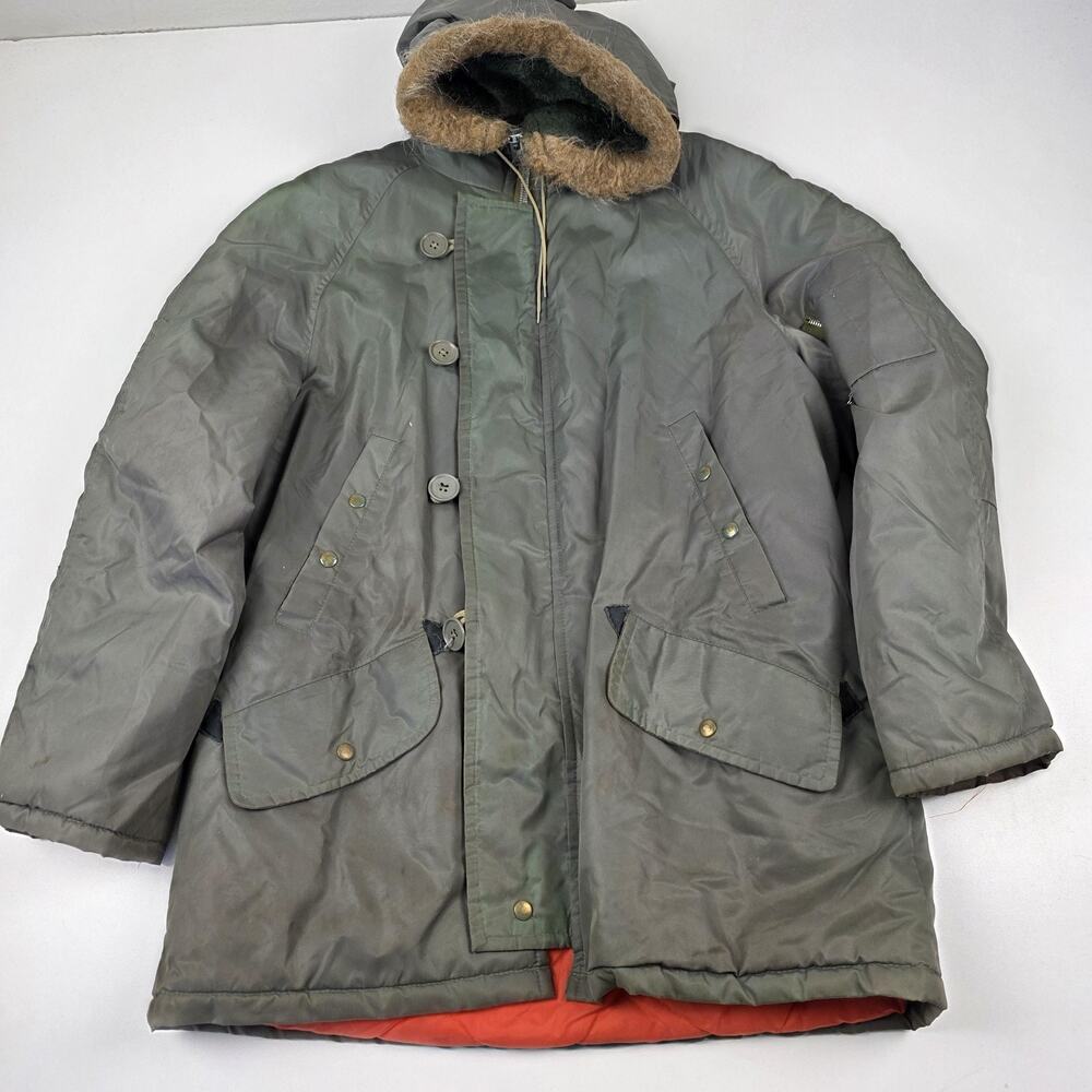 Vintage‎ Kmart Parka Jacket Mens Medium Green Snorkel Hooded Fur Trim Orange 70s